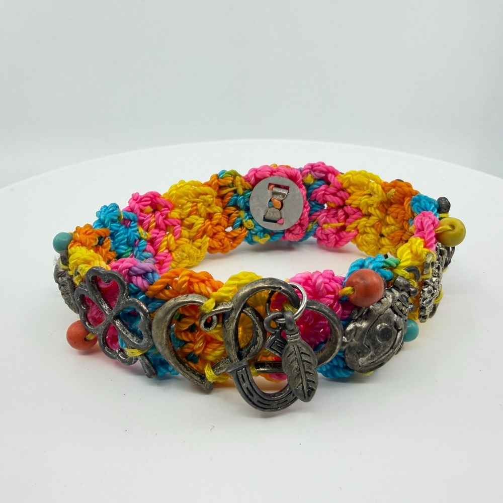 Colorful Boho Crochet Charm Bracelet with Metal Charms & Beaded Accents Gift